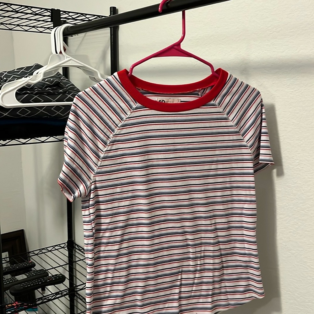 Red blue and white striped shirt